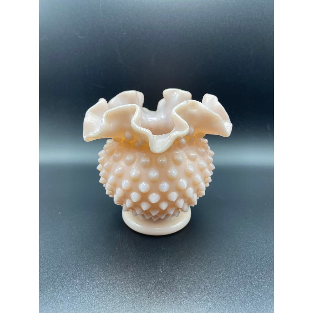 Vintage Fenton Pink Milk Glass Hobnail Ruffled Rose Bowl Vase 4 1/2”